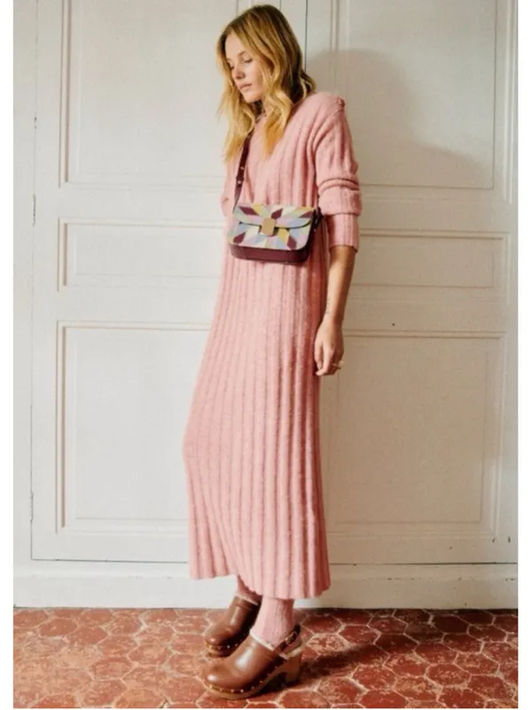 Sezane Manon Ribbed Knit Baby Alpaca Dress Size XS Shoulder Button Rosewood - Image 2
