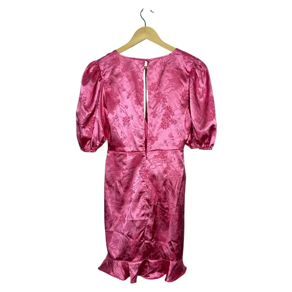 Elevator Disco Mini Dress Womens Size Small Pink Floral Surplice Neck Ruffle Hem - Image 2