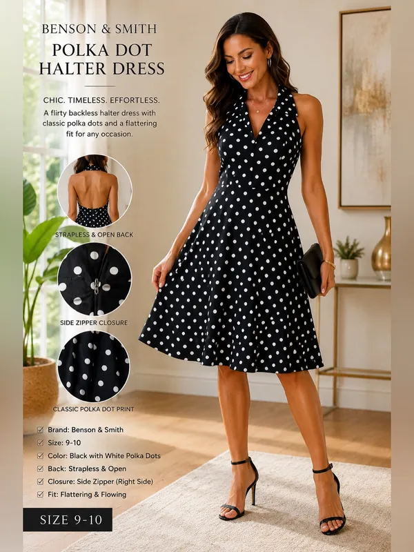 Vintage Black Polka Dot Strapless Fit-and-Flare Dress - Image 2