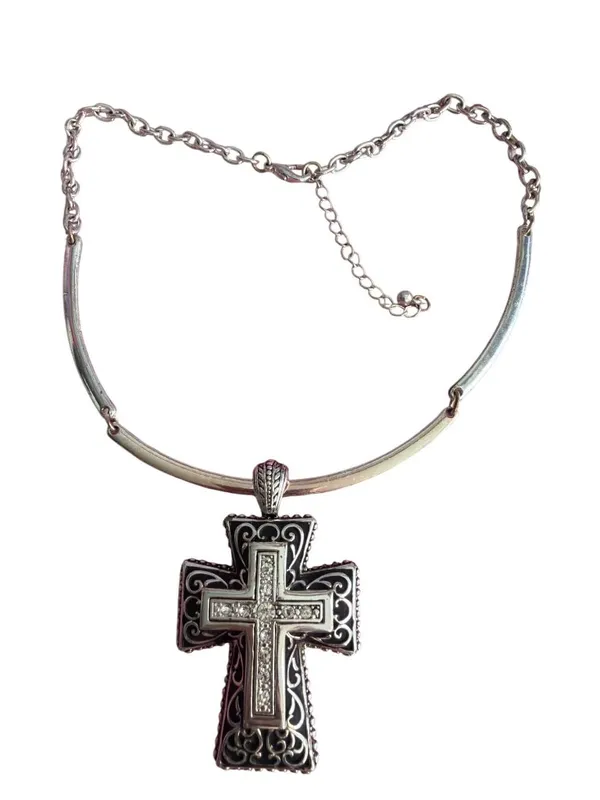 Silver Tone Cross Pendant Necklace Clear Rhinestone Articulated Chain Adj 19" - Image 5