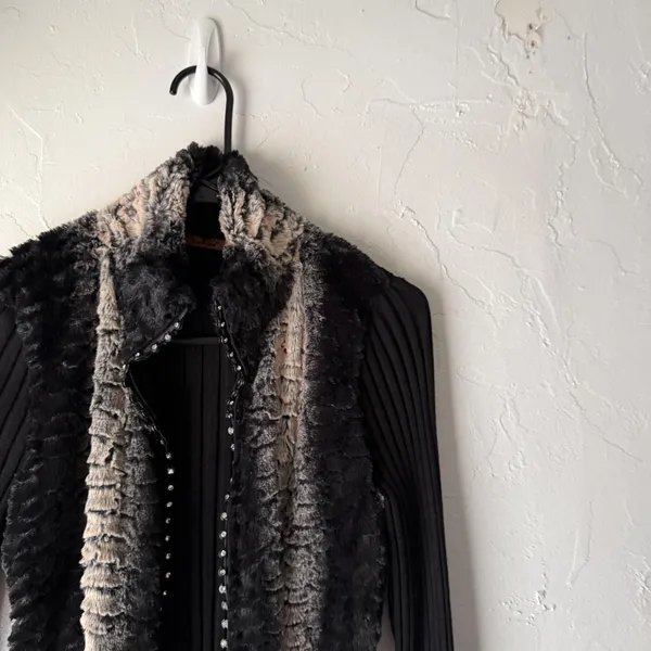 Baldin Cardigan Y2k Sm Black Faux‎ Fur Collar Ribbed Knit Sweater Jacket Grunge - Image 2