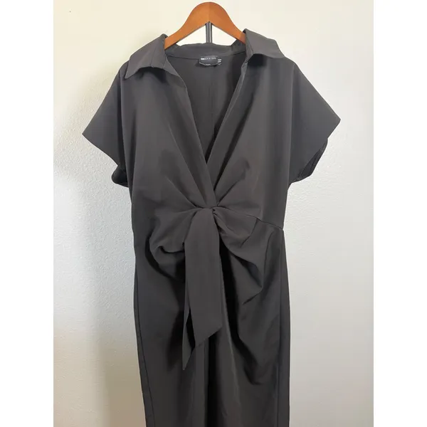 ASOS DESIGN Black Short Sleeve Knot Front Midi Dress US 14 V-Neck Collar - Image 10