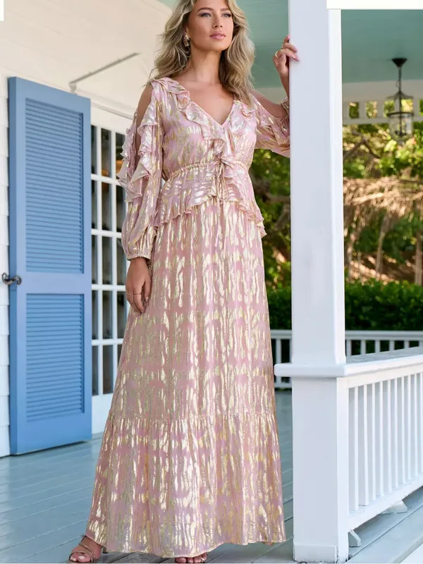 Boston Proper Ruffled Maxi Dress With Lurex Fabric Pink Womens Small - Image 11