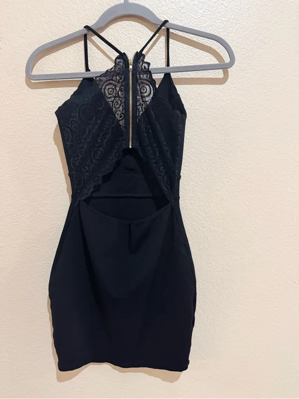 Windsor Black Bodycon Mini Dress Lace Open Back Gold Zip Cocktail Party - Image 4
