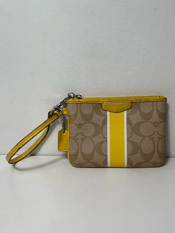 Coach Signature Corner Zip Varsity Stripe Yellow Canvas Wallet Wristlet - Image 2