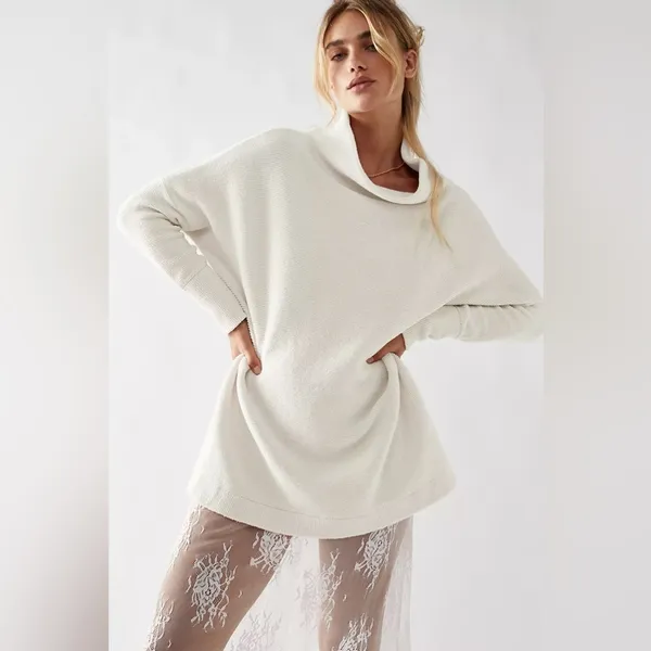 Free People mock neck sweater ribbed Ottoman Slouchy Tunic ecru loose parke - Image 12