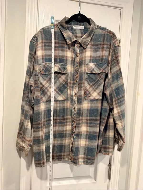 Arizona Jean Co Size L Plaid Acid Wash Flannel Shirt Oversized Grunge Shacket - Image 6