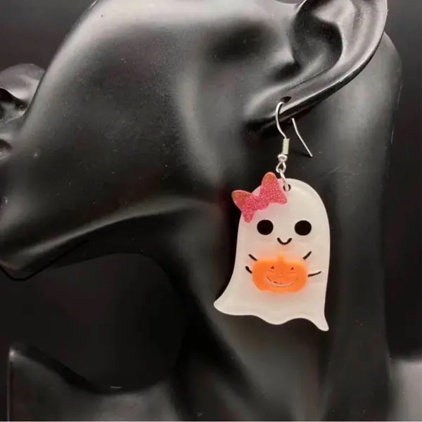 Boutique Halloween Ghost Earrings with Sparkling Pumpkin & Bows - Image 6
