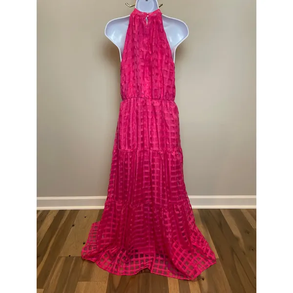ChicWish Pink Dress with Solid & Sheer Checkered Overlay Halter Ruffle Neck Sz M - Image 4