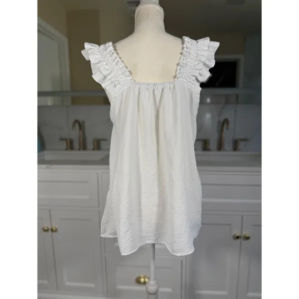 Ruffle Strap Tank Top Womens Large White Sleeveless Square Neck Flowy Blouse - Image 4