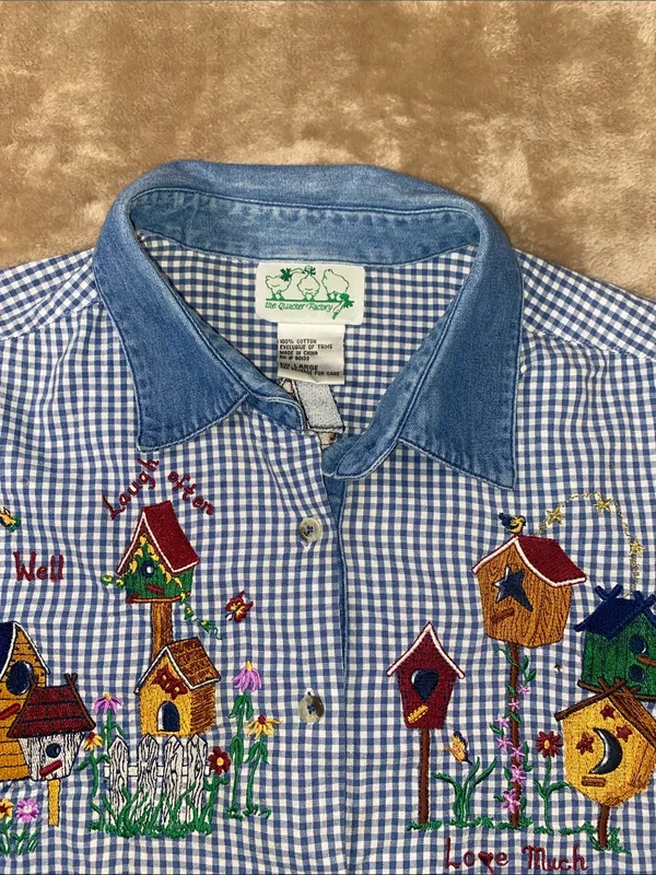 Quaker Factory Blue Gingham Button-Up Shirt with Embroidered Birdhouses - Image 5
