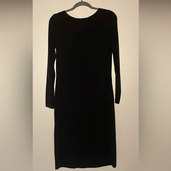 Talbots- Black Wool Blend Long Sleeve Side Ruched Faux Wrap Midi Dress- Size XS - Image 2