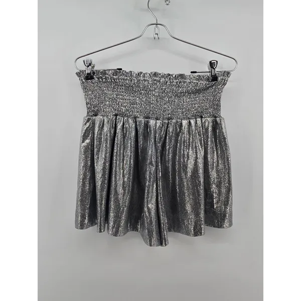 Pants Store Shorts Womens Small Silver Metallic Smocked High Rise‎ Ruffle Party - Image 2