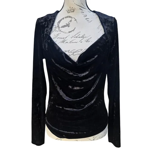 Free People 32R‎ Black Crushed Velvet Cowl Neck Long Sleeve Top OB1215106 Small - Image 2