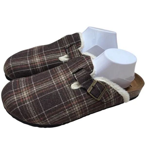 NWOT Fitory Plaid‎ Mule Slip Ons Cork Footbed Cozy Cabincore Holiday Women’s 12 - Image 2