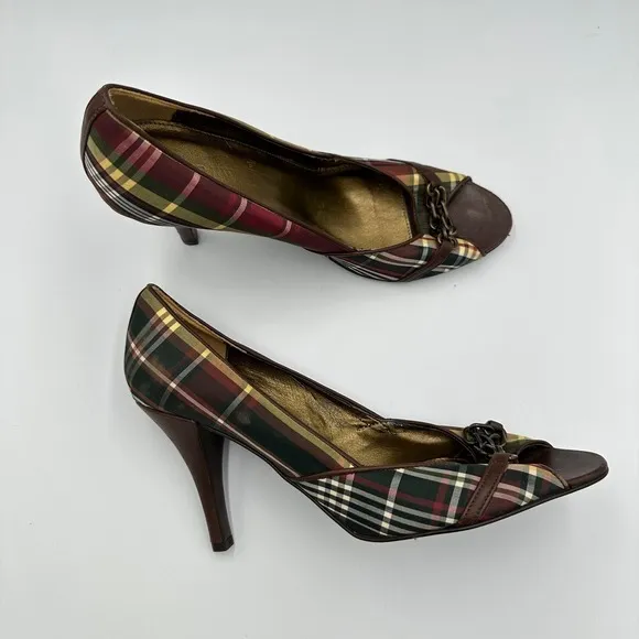 J.‎ Crew Plaid Peep Toe Heels Brown Red Green Chain Detail Stiletto Size 9.5 - Image 12