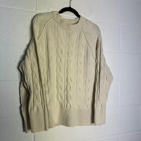 Aerie Cream Cable Knit Crew Neck Sweater Raglan Long Sleeve Ivory Medium - Image 2