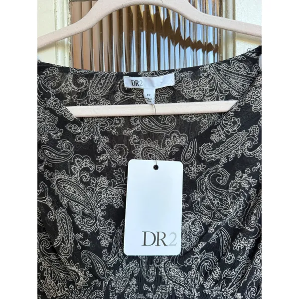 DR2 Womens Paisley Smocked Waist Peplum Blouse Top Black White Size XS ‎ NEW - Image 3