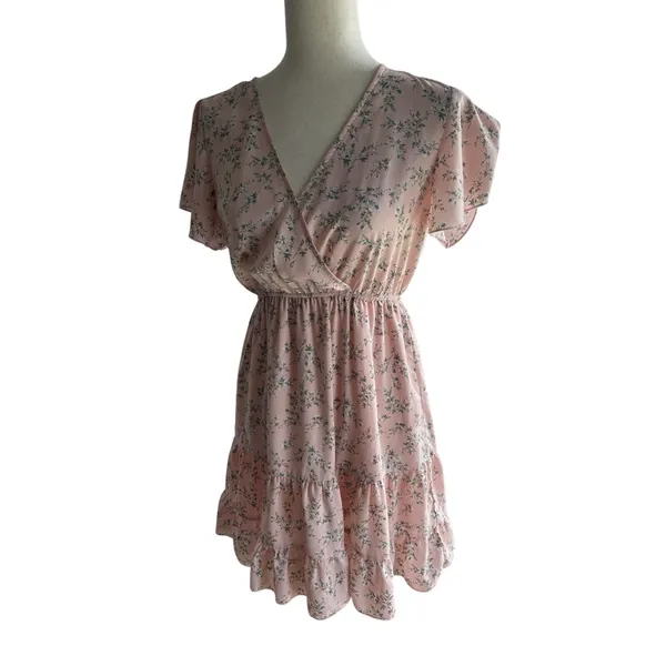 XS/S A-Line Short Pink Green Floral Flutter Sleeve V-Neck Sundress Ruffle - Image 3