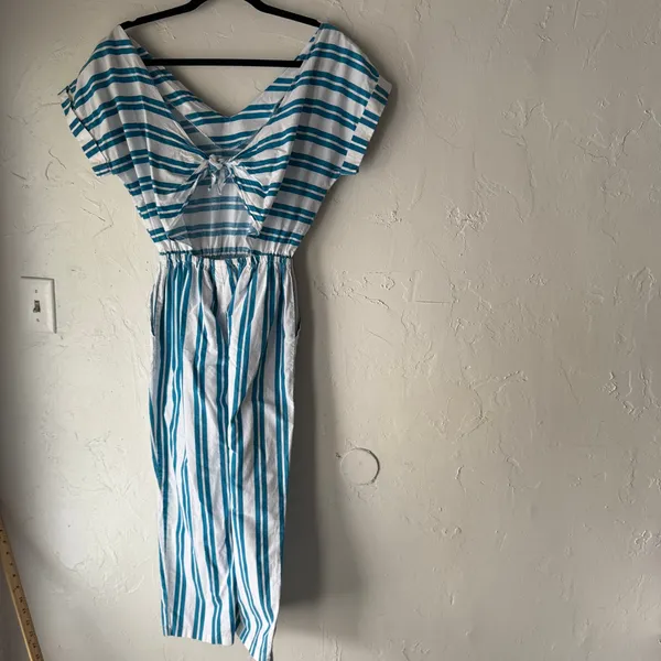 Vintage 70s‎ Buffy’s Choice Striped Cotton Jumpsuit Sz L Tie Back Pockets USA - Image 3