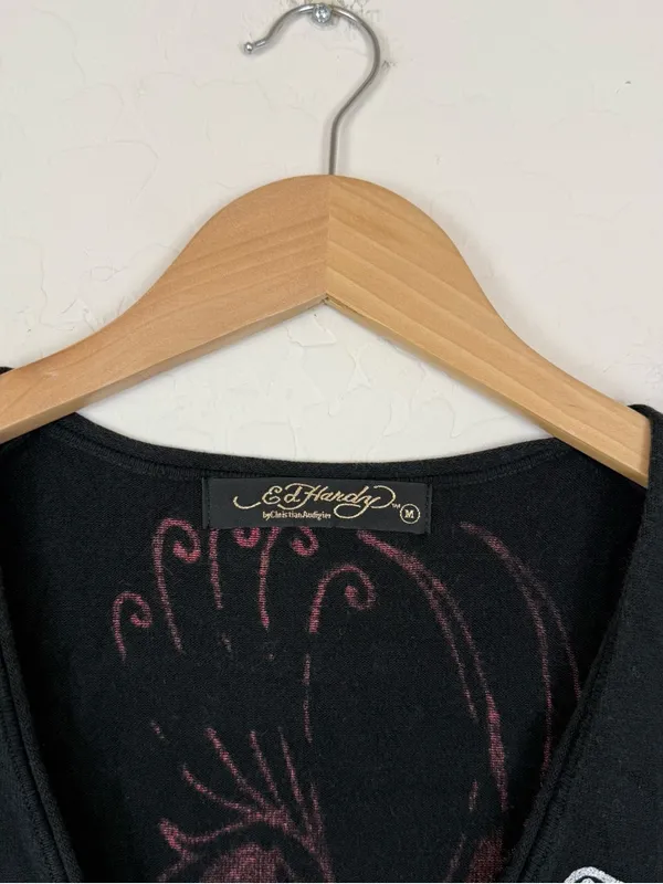 VINTAGE Y2K Ed Hardy AOP Embellished Love Kills Slowly Skull Butterfly Tee - Image 3