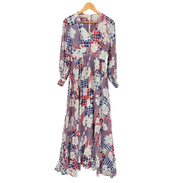 Gregg Draddy Vintage Maxi Dress Patchwork Floral Gingham Red‎ White Blue Small - Image 2
