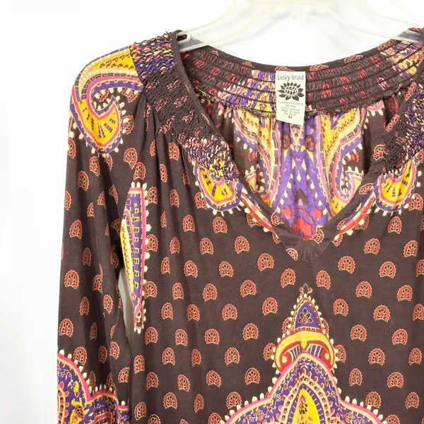 Lucky Brand XS Top VTG Y2K Hippie Paisley Smocked Brown Lotus Grunge Boho‎ 1309 - Image 3