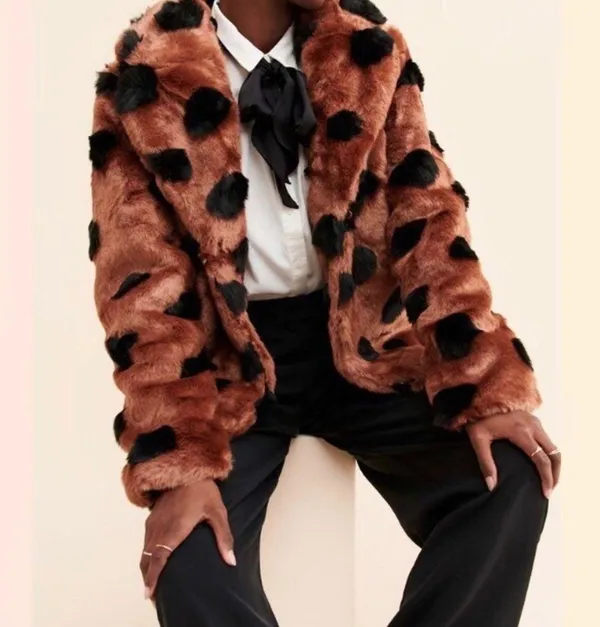ICHI GINGERBREAD BROWN Faux Fur Coat With Abstract Accents Sz 40 Large NWT - Image 7