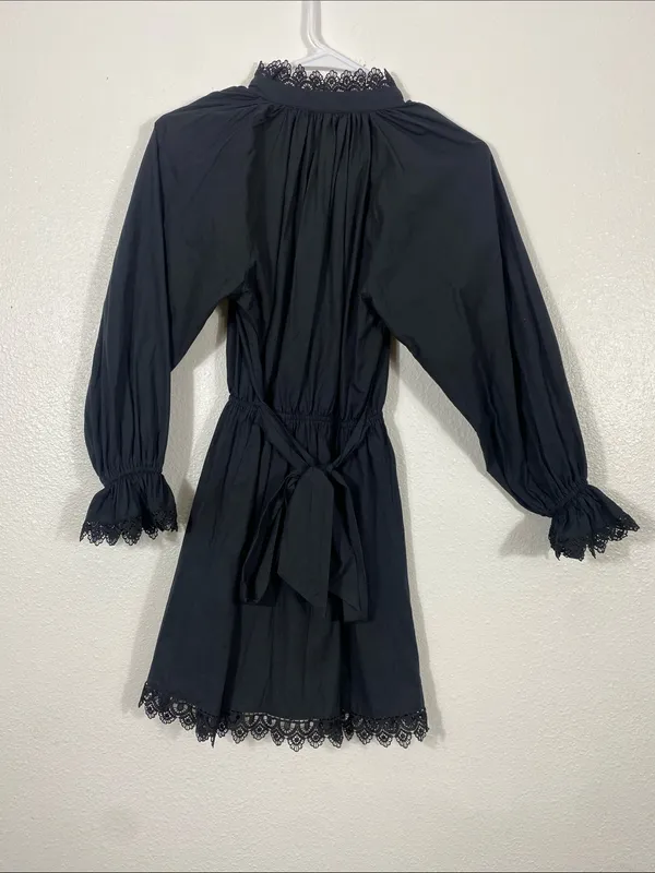 Girls' Black Long-Sleeve Lace-Trim Smocked Waist Dress Size12 100%Organic cotton - Image 6