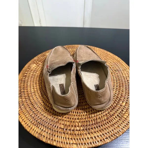 OluKai Women Tan Leather Slip On Loafers Embossed Drop In Heel Shoes - Image 3