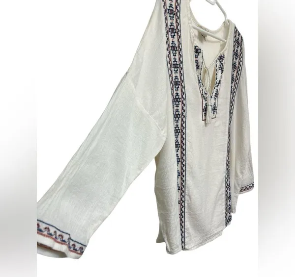 Lucky Brand White Long Sleeve Embroidered Boho Top - Image 3