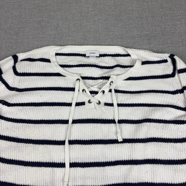 Old Navy Sweater Womens XL White‎ Striped Lace-Up Pullover Open-Knit Relaxed - Image 3