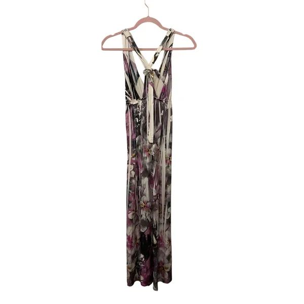 Doki Geki Watercolor Floral Maxi Dress Purple Racerback Empire Waist Resort, S - Image 3