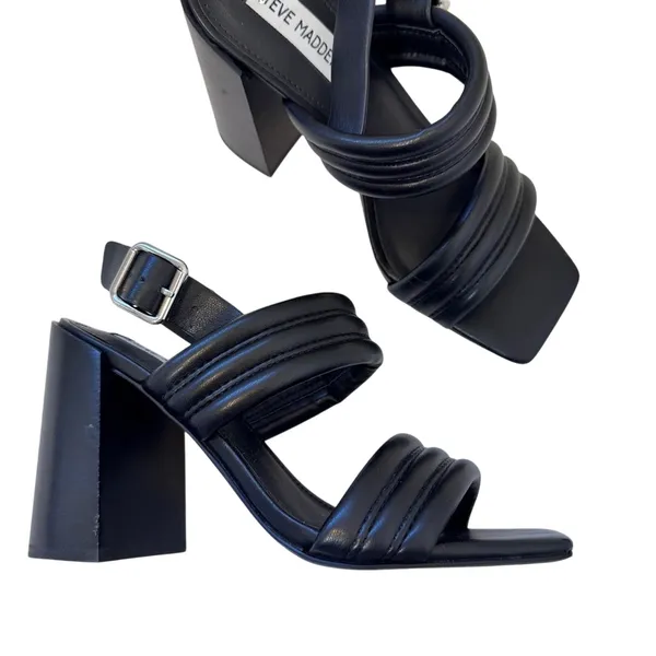 Steve Madden Black Faux Leather Square Toe Heels Women’s 6.5 Sandals Chunky Fall - Image 2