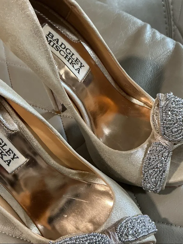 Badgley Mischka Ivory Champagne Satin Peep-Toe Heels with Crystal Bow Accent - Image 10