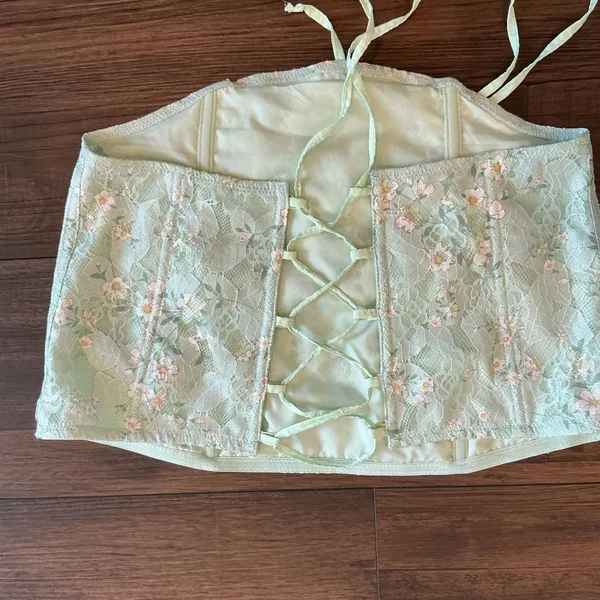 Tic Toc Corset Top Mint Green Floral Lace Halter Lace Up Back Large - Image 3