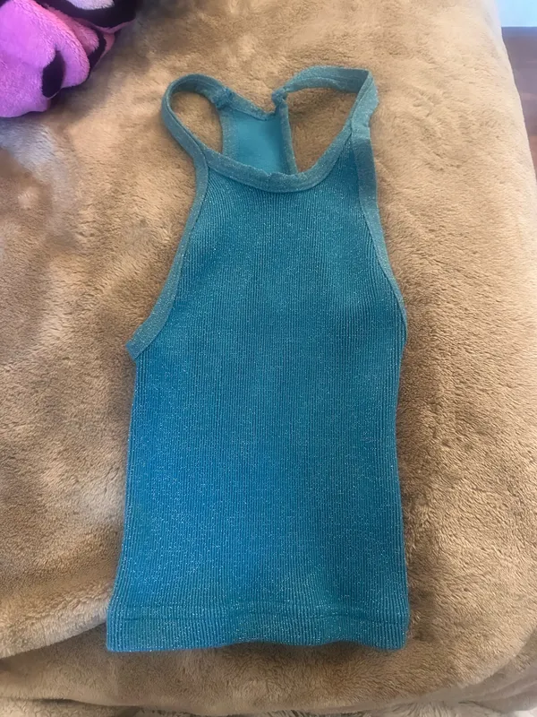 Free People movement blue ribbed shimmery crop athleisure top - Image 2
