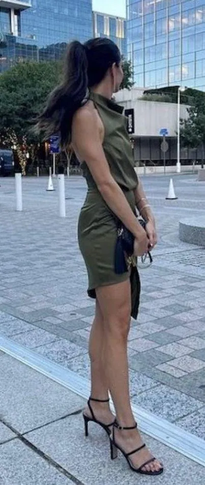 ELLIATT Camo Asymmetric Satin Cocktail Dress in Khaki Size Large - Image 2