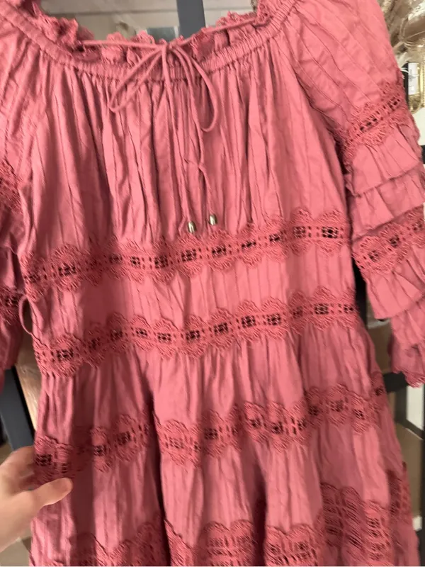 eyelet ruffle Corsair Frill Tier Dress Vintage Rose rust long sleeve - Image 8