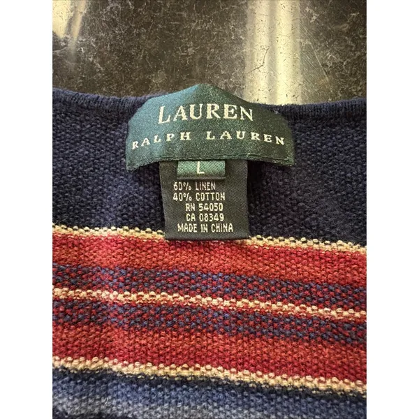 Lauren Ralph Lauren Women's Sweater Sz L Linen Cotton Blend Stripe V-neck - Image 2