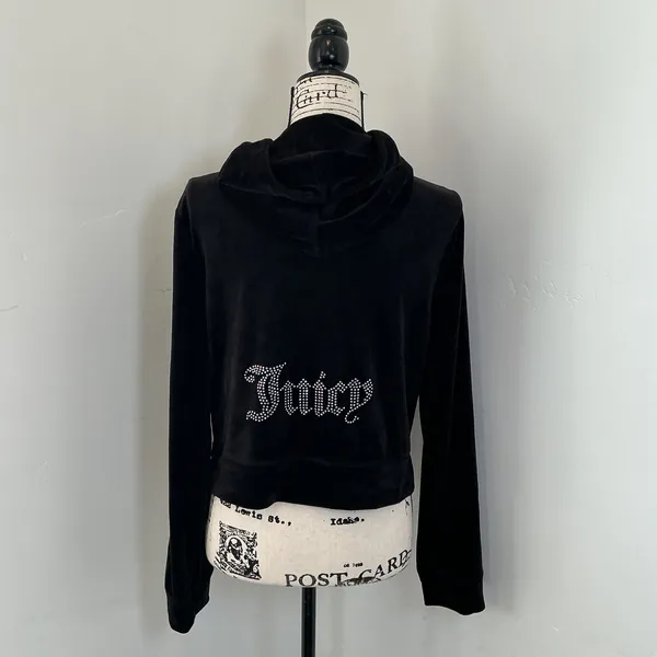 Juicy Couture Y2K Velour Rhinestone Zip Up Hoodie Black J-Pull Small - Image 2