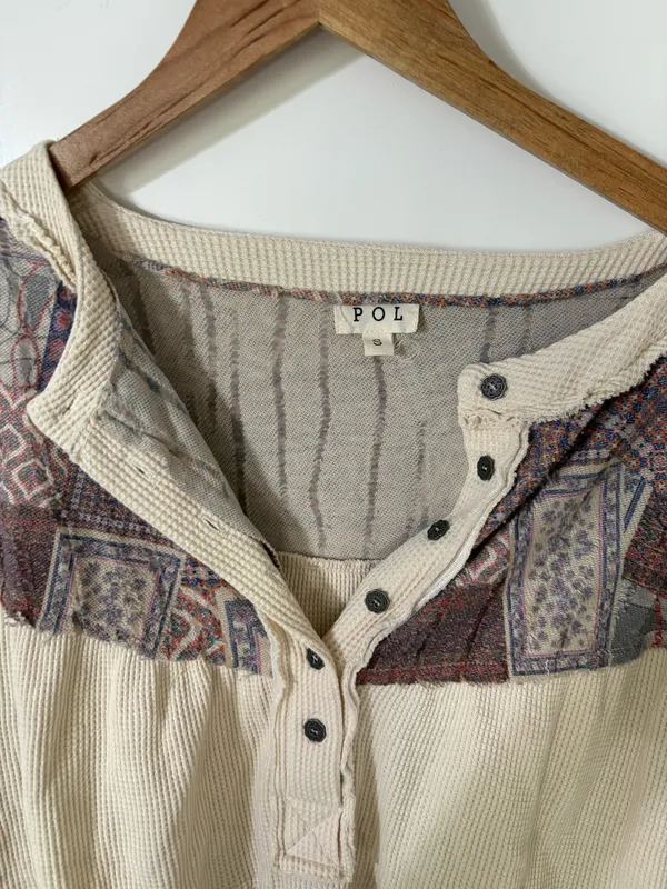 POL Patchwork long sleeve Henley Top - Image 2