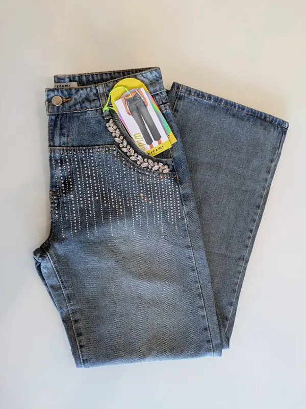 Rhinestone Embellished Wide Leg Jeans Dark Wash Bling Denim Size M - Image 12