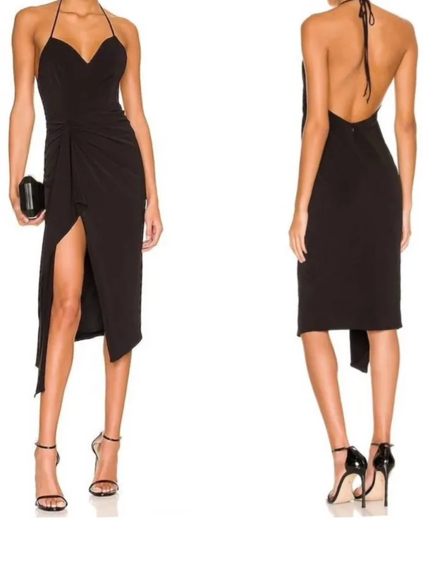 Katie May Ringleader Dress in Black Midi Slit Halter Neck Sleeves Gown NWOT‎ - Image 2
