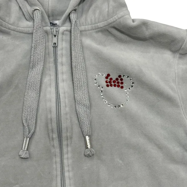 Disney Parks Disneyland Minnie Mouse Velour‎ Rhinestone Zip Up Hoodie Gray XL - Image 2