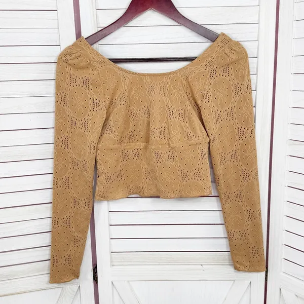 Kirious Boho Embroidered‎ Eyelet Tie Neck Long Sleeve Crop Top Tan XS - Image 8