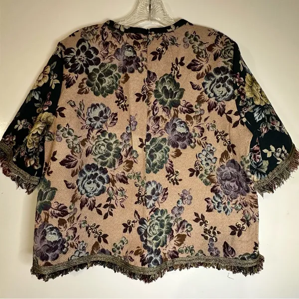 Zara Jacquard Top Women's Size‎ M Floral Tapestry Frayed Fringed Short Sleeve - Image 3