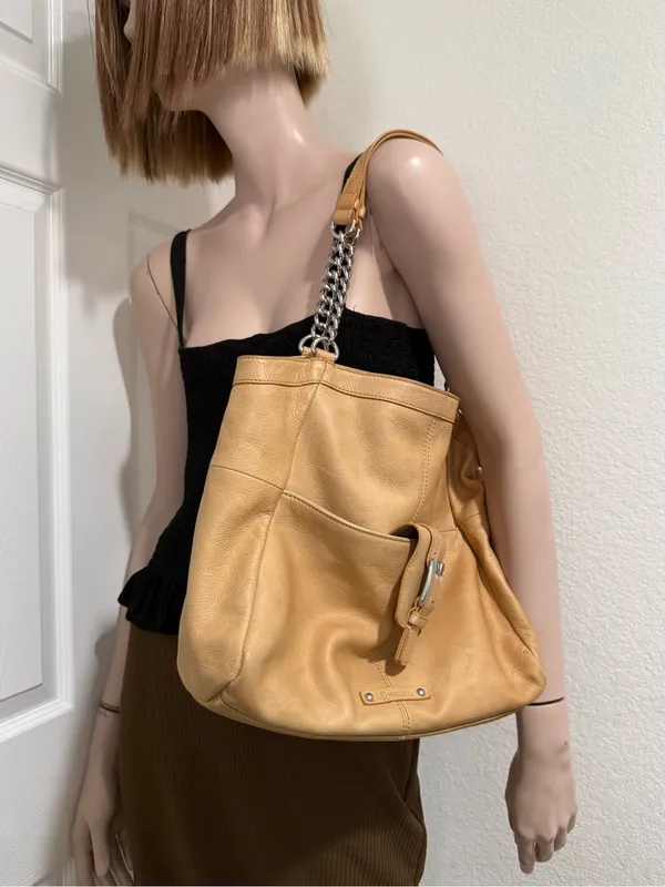 B. MAKOWSKY Beige Tan Pebbled Leather Chain Strap Tote Shoulder Bag - Image 4