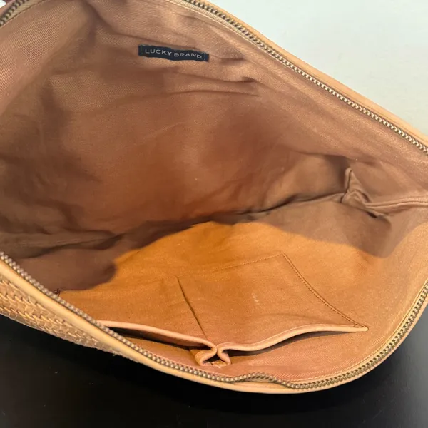 Lucky Brand Woven Leather Clutch Women Large Tan Bohemian Zipper Pouch - Image 10