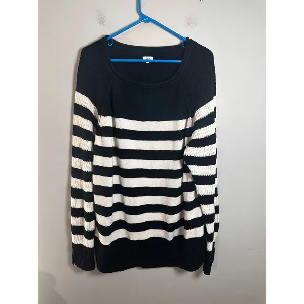 Aerie Bistro Sweater‎ Womens Large Black White Striped Oversized Knit Scoop Neck - Image 2